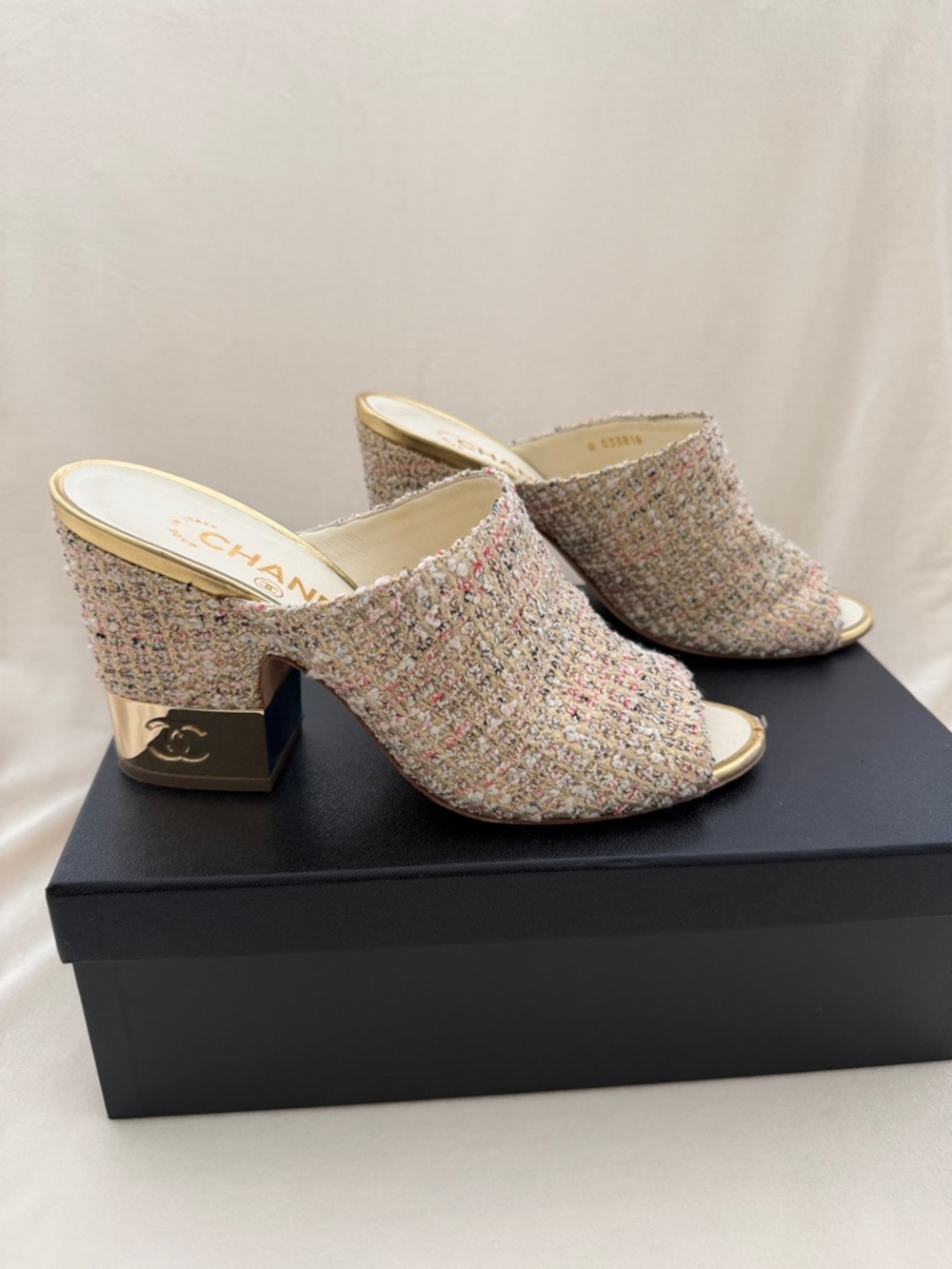CHANEL Tweed Open-Toe Mules in Multicolor Tweed with Gold Heel